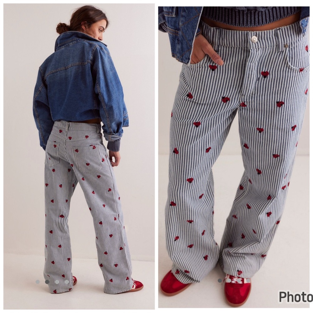Free People Bugged Out High Rise Straight Striped Blue White Lady Bug Size 24
